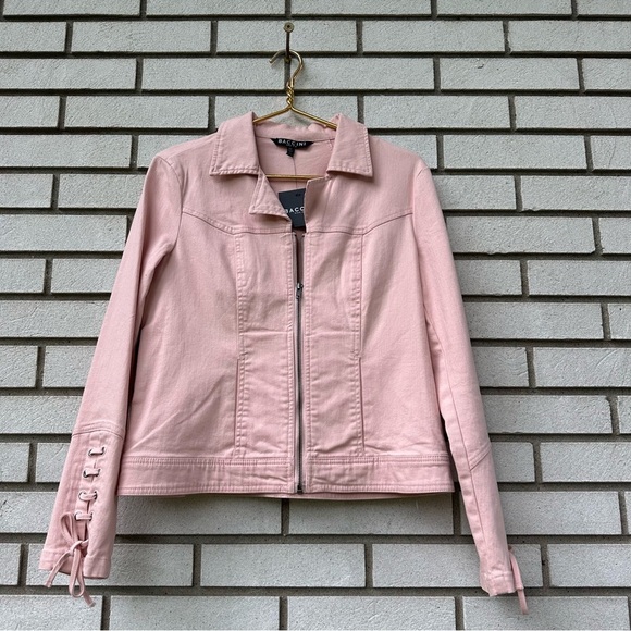 NWT Baccini Pink Moto Zip Jacket with Lace-Up Cuffs Size M Balletcore Coquette - Picture 1 of 12